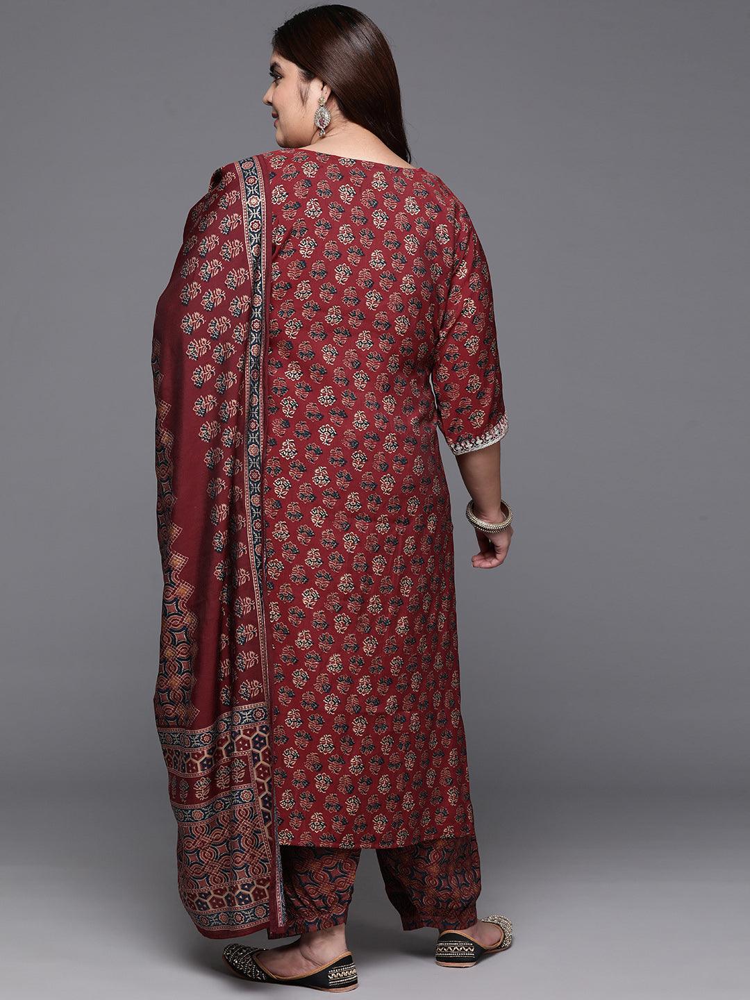 Plus Size Maroon Yoke Design Silk Blend Straight Kurta With Salwar & Dupatta - Libas