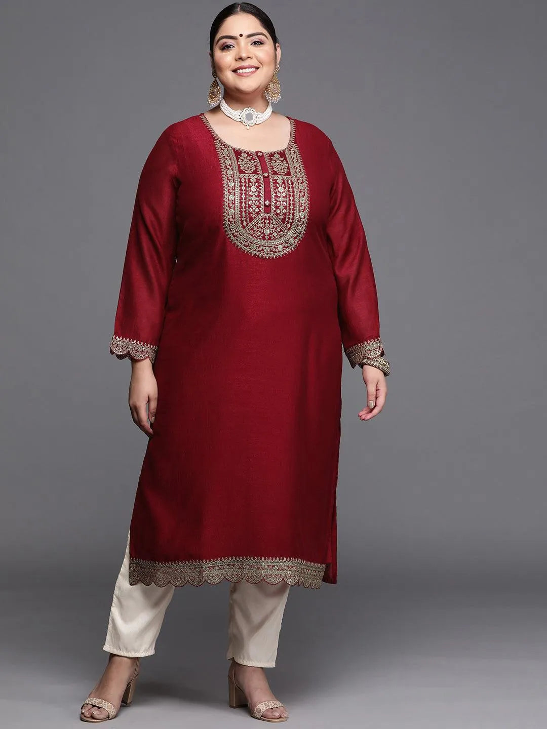 Plus Size Maroon Yoke Design Silk Kurta - Libas