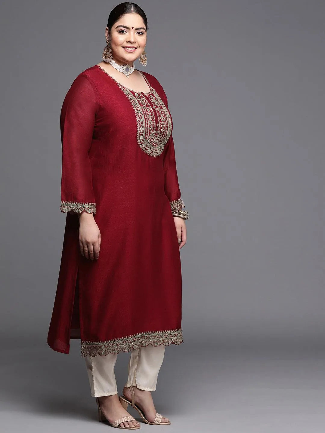 Plus Size Maroon Yoke Design Silk Kurta - Libas