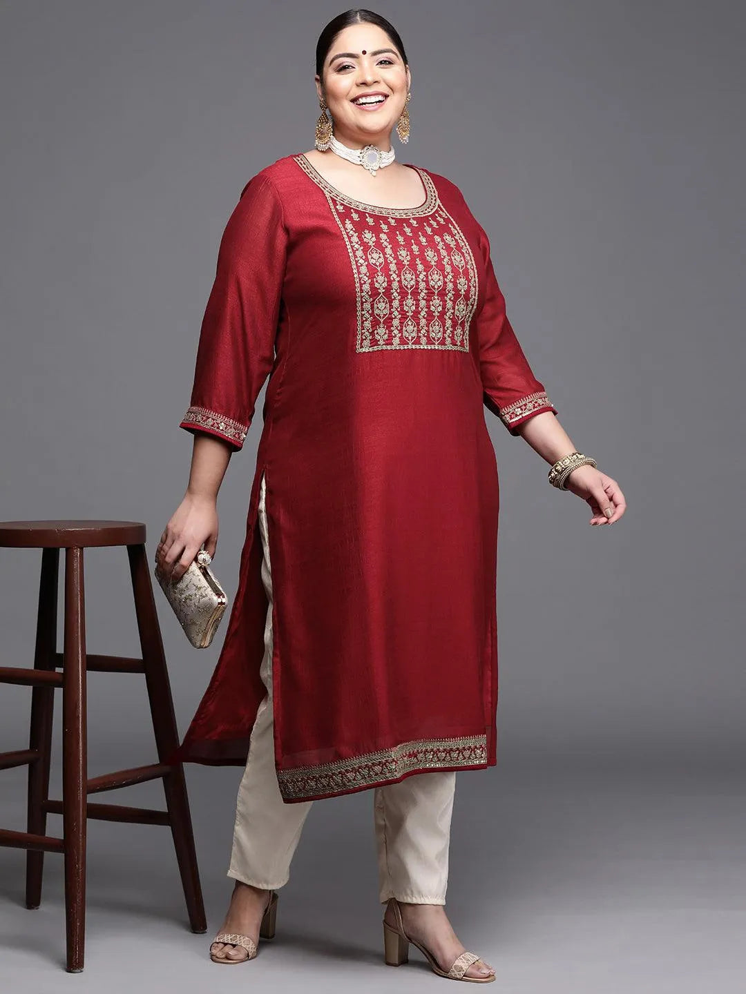 Plus Size Maroon Yoke Design Silk Kurta - Libas