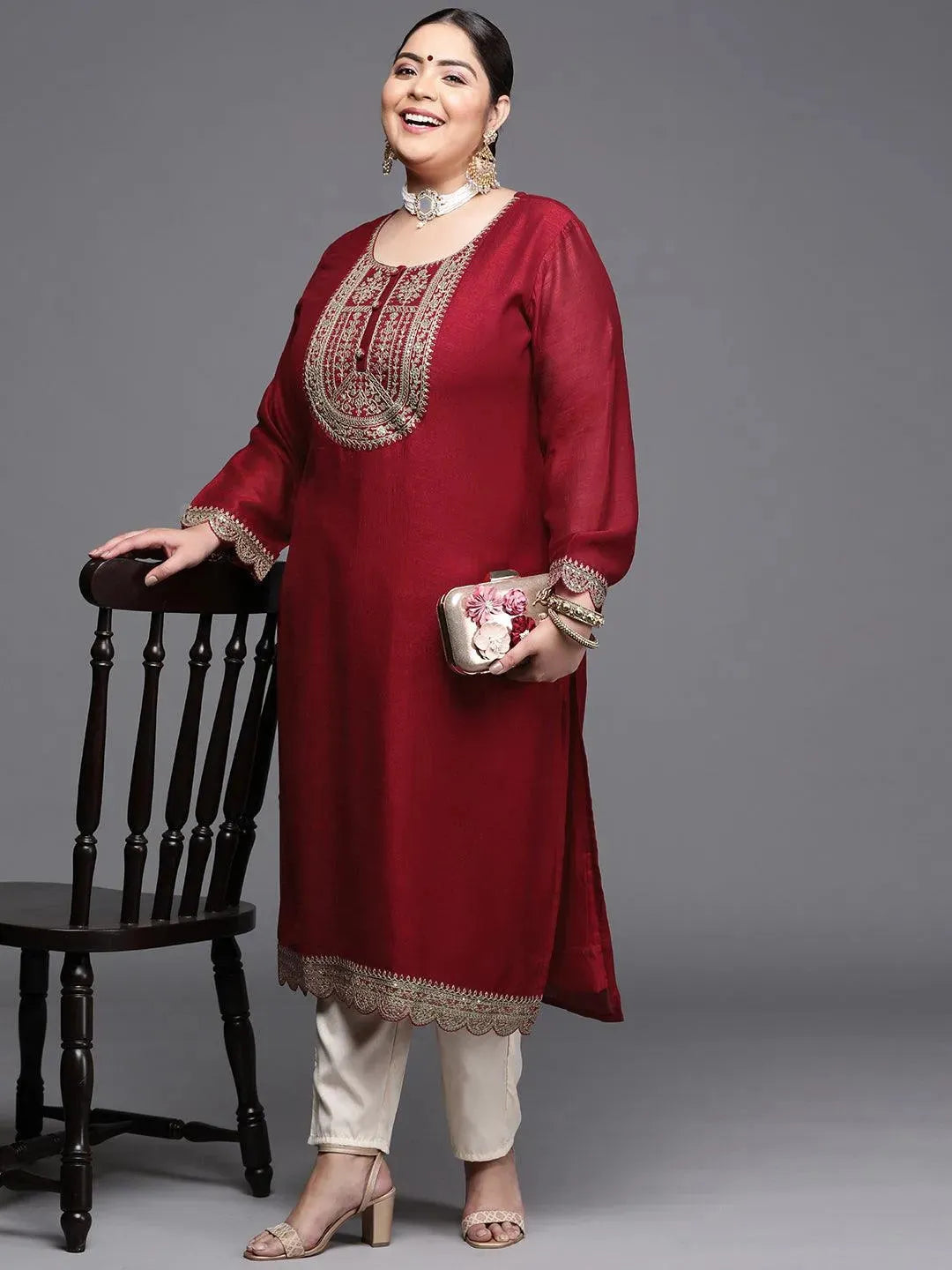 Plus Size Maroon Yoke Design Silk Kurta - Libas