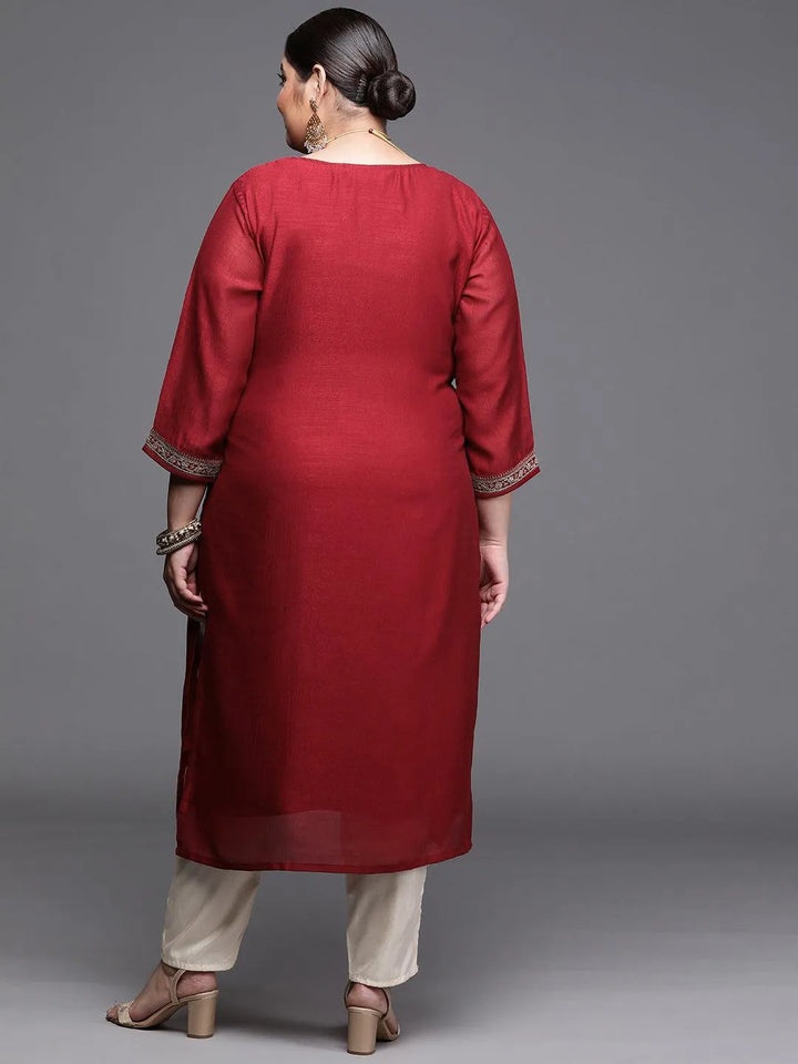 Plus Size Maroon Yoke Design Silk Kurta - Libas