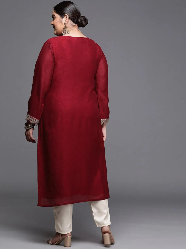 Plus Size Maroon Yoke Design Silk Kurta - Libas