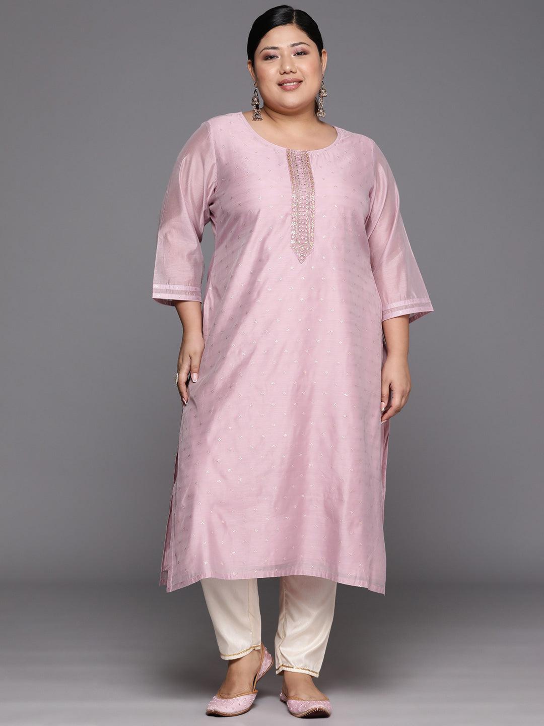 Plus Size Mauve Embroidered Chanderi Silk Straight Kurta - Libas