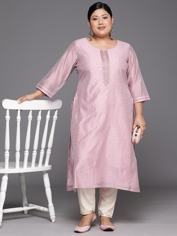 Plus Size Mauve Embroidered Chanderi Silk Straight Kurta - Libas