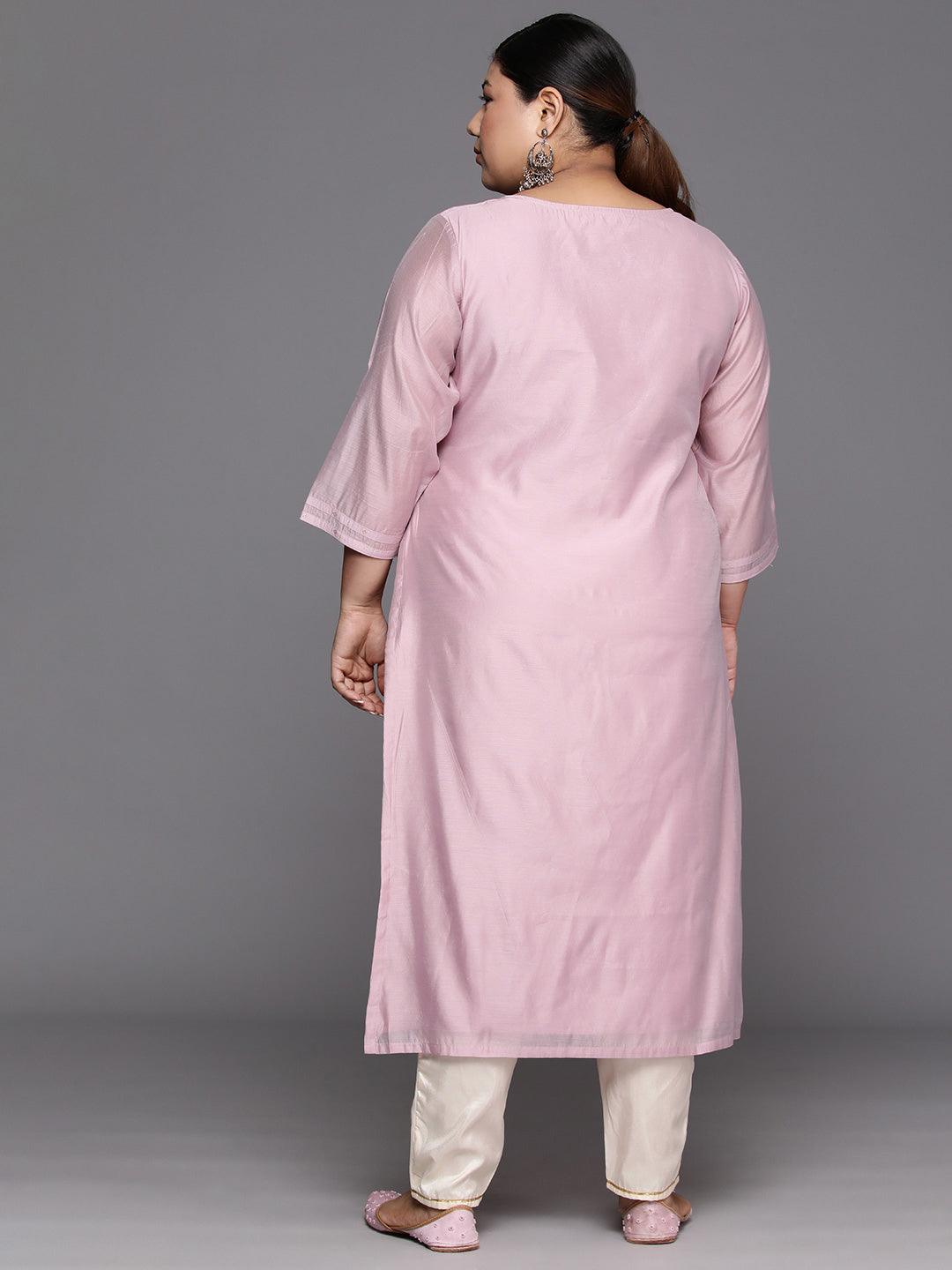 Plus Size Mauve Embroidered Chanderi Silk Straight Kurta - Libas