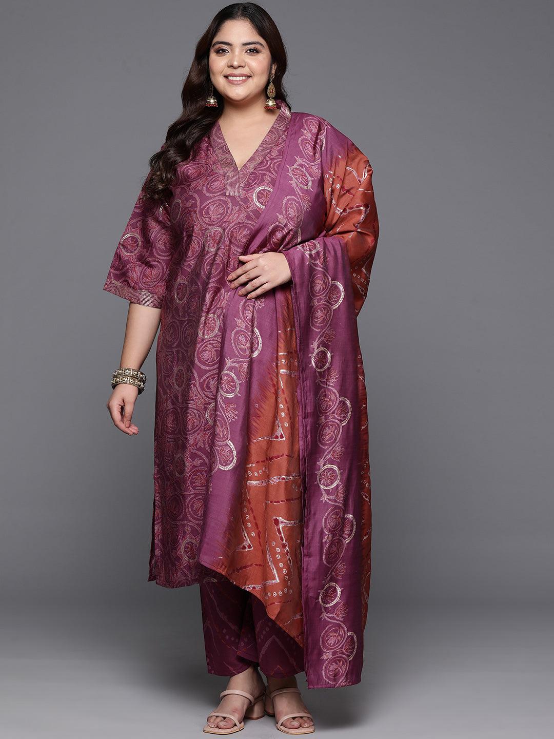 Plus Size Mauve Printed Silk Blend Straight Kurta With Trousers & Dupatta - Libas