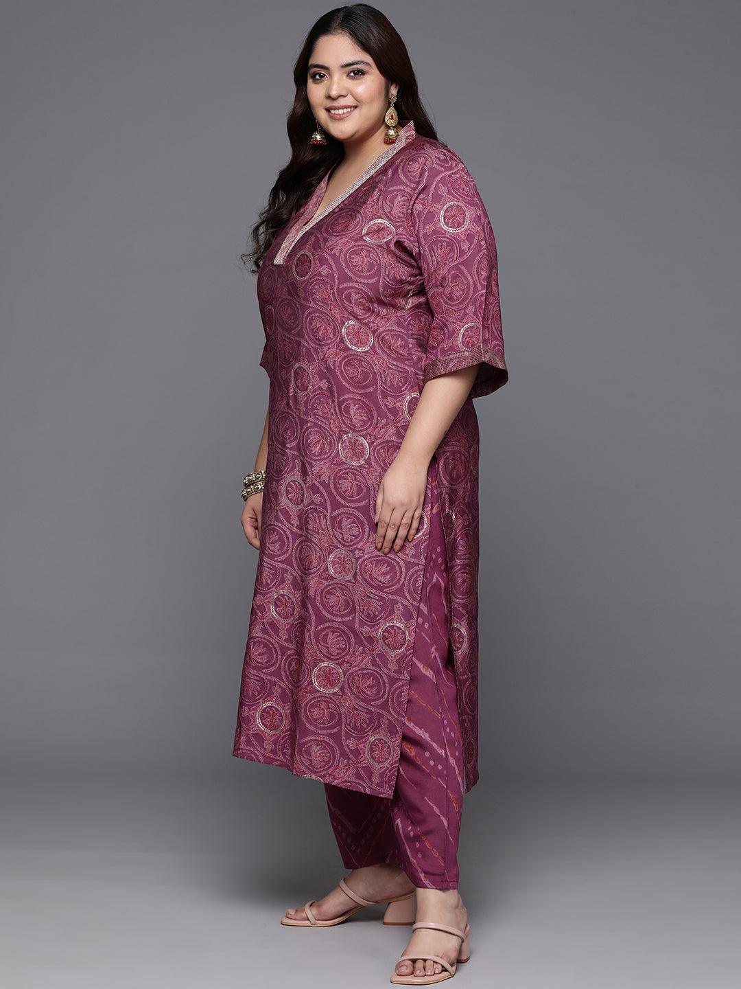 Plus Size Mauve Printed Silk Blend Straight Kurta With Trousers & Dupatta - Libas