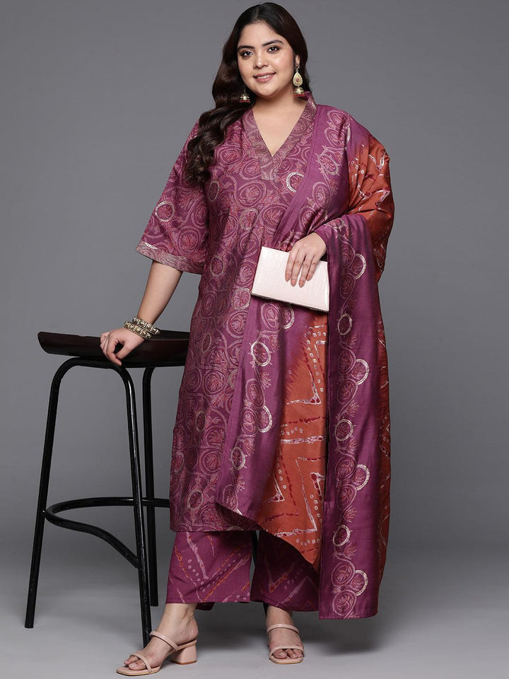 Plus Size Mauve Printed Silk Blend Straight Kurta With Trousers & Dupatta - Libas