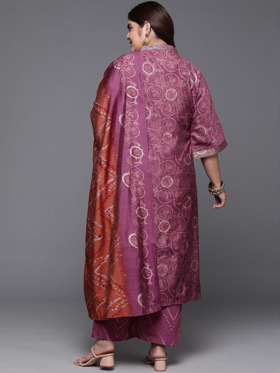 Plus Size Mauve Printed Silk Blend Straight Kurta With Trousers & Dupatta - Libas