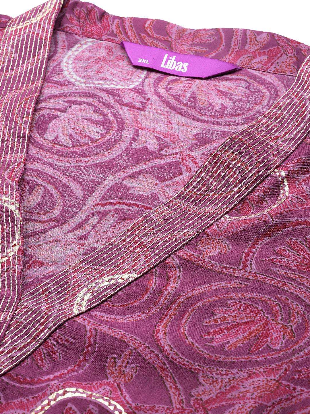 Plus Size Mauve Printed Silk Blend Straight Kurta With Trousers & Dupatta - Libas