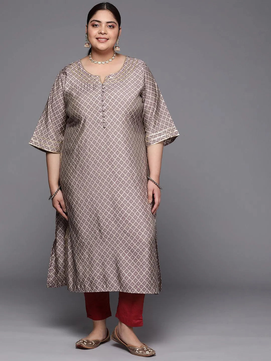 Plus Size Mauve Printed Silk Straight Kurta - Libas