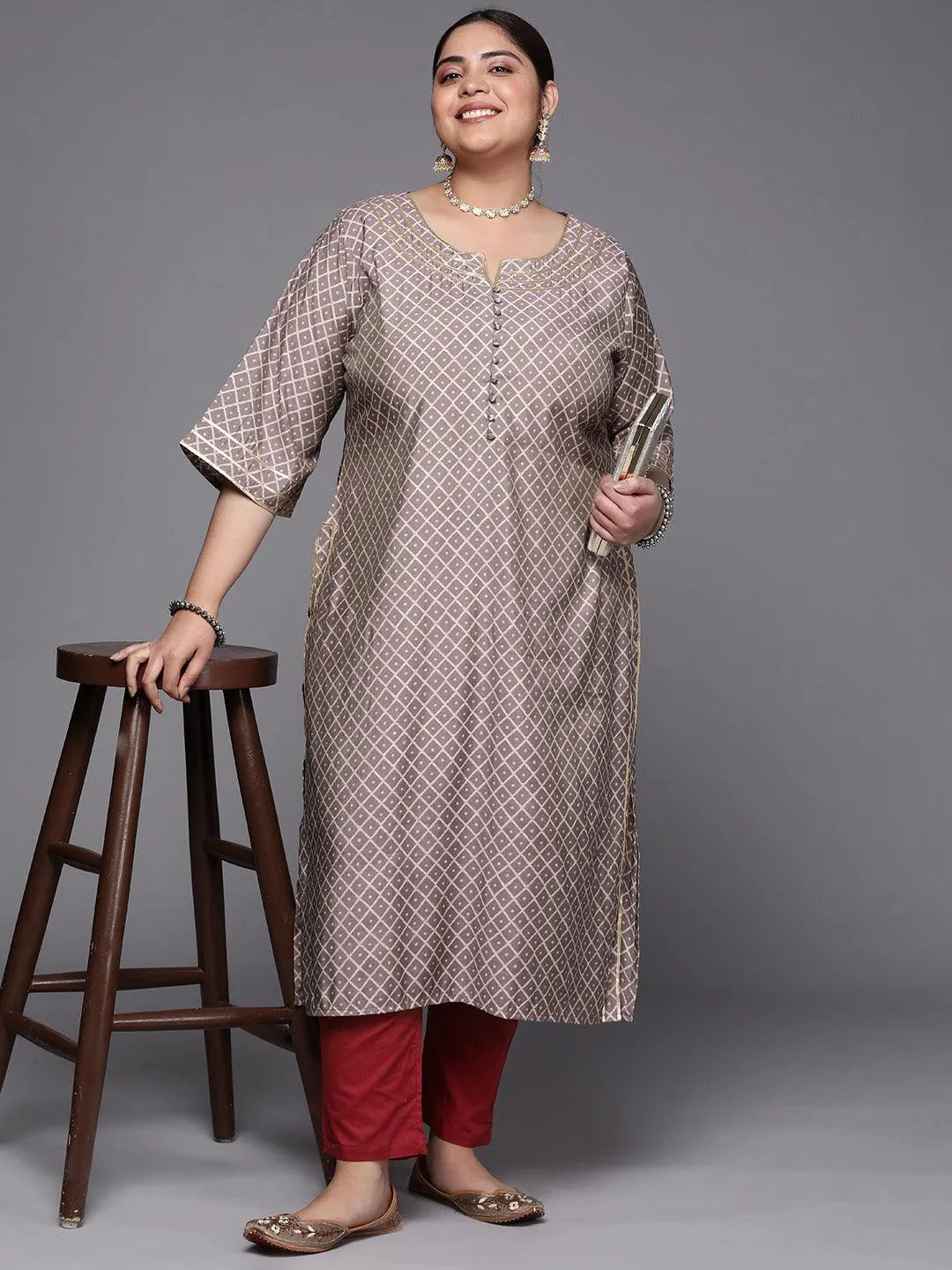 Plus Size Mauve Printed Silk Straight Kurta - Libas