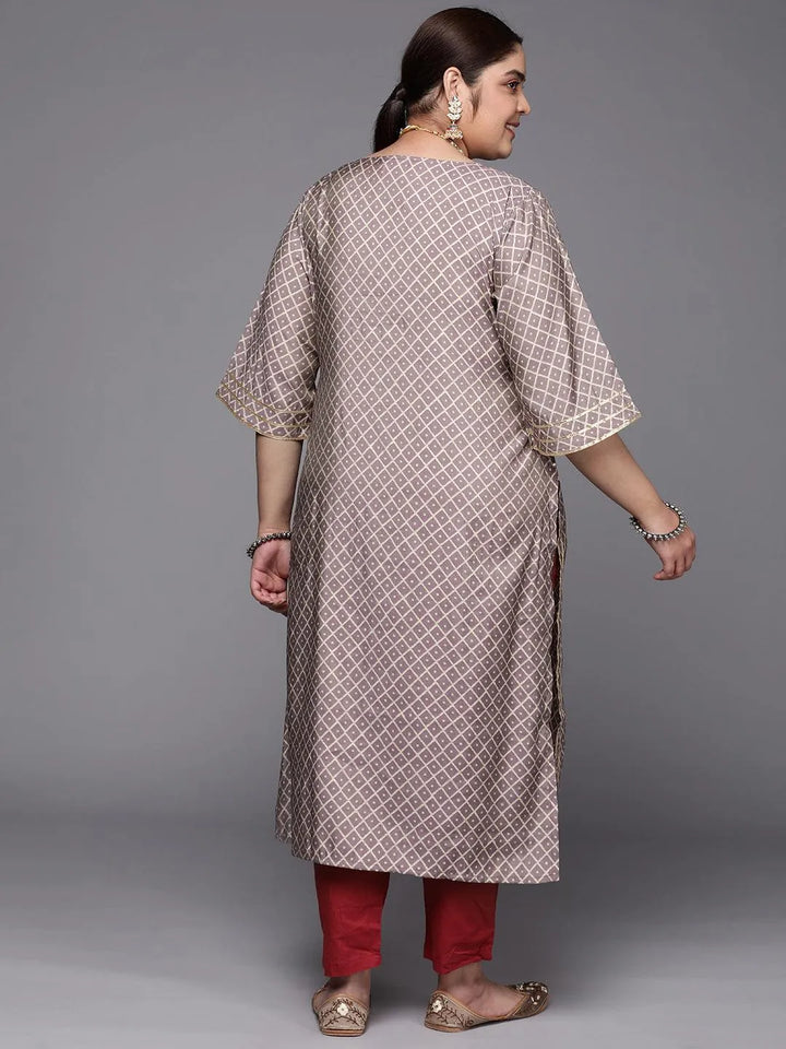 Plus Size Mauve Printed Silk Straight Kurta - Libas