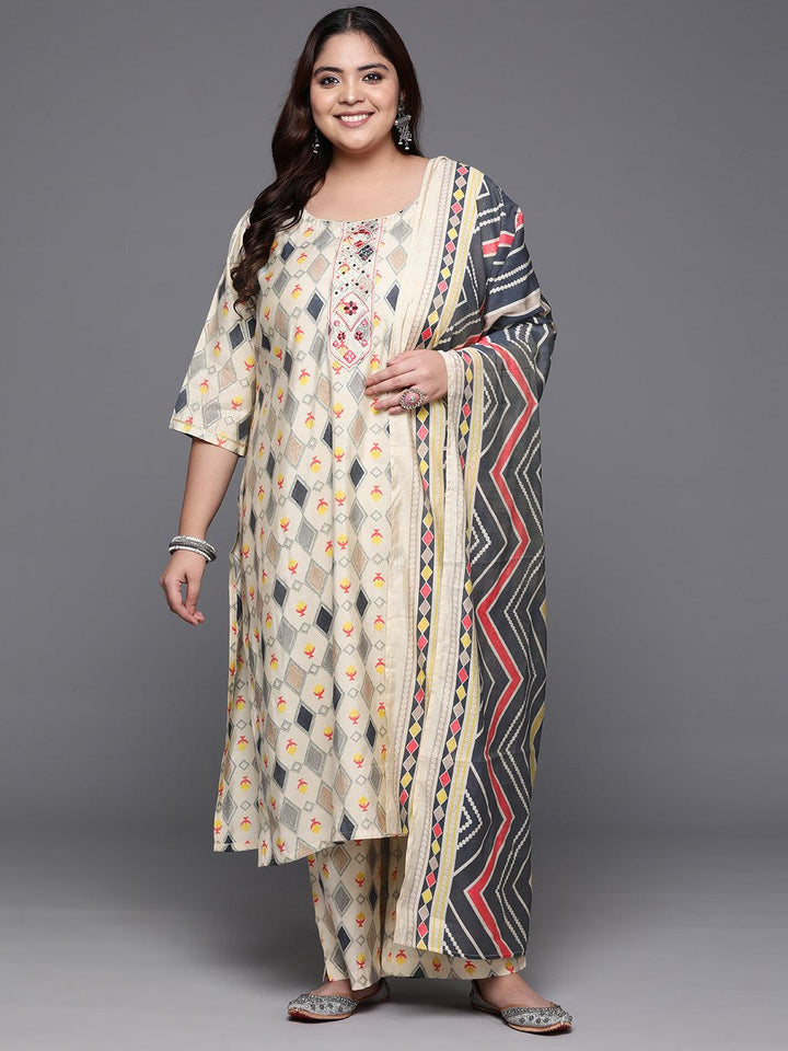 Plus Size Multi Printed Silk Blend Straight Kurta With Trousers & Dupatta - Libas