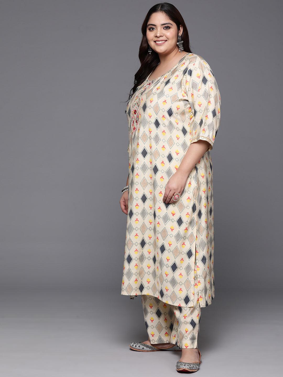 Plus Size Multi Printed Silk Blend Straight Kurta With Trousers & Dupatta - Libas