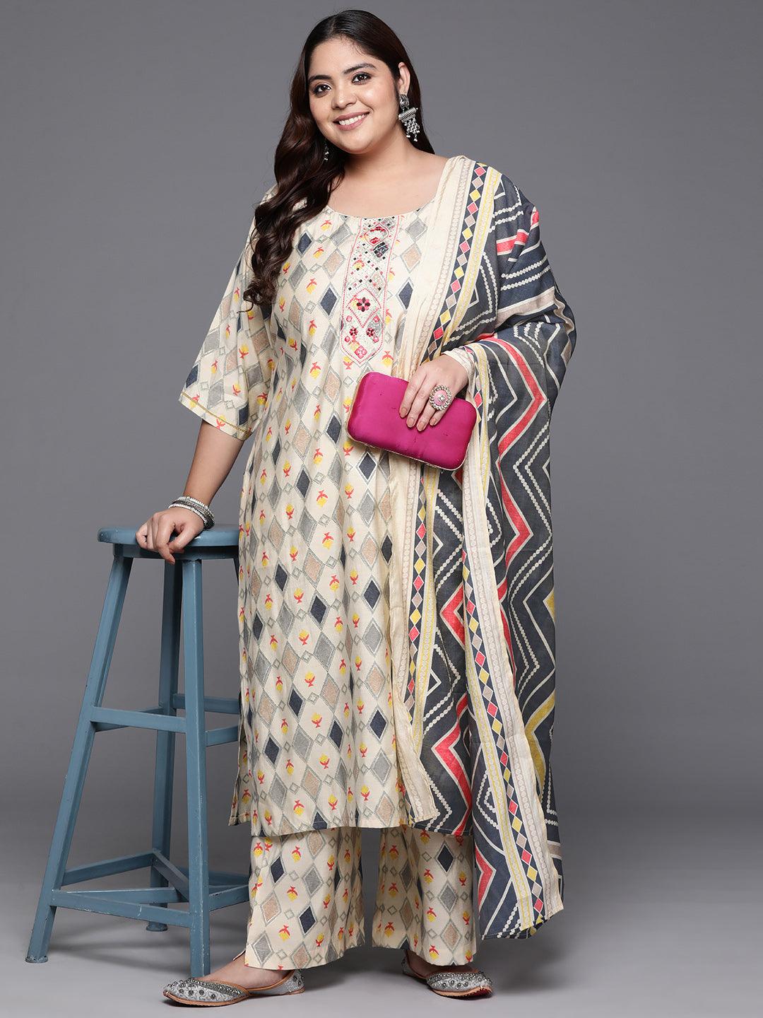 Plus Size Multi Printed Silk Blend Straight Kurta With Trousers & Dupatta - Libas