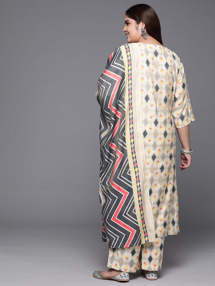 Plus Size Multi Printed Silk Blend Straight Kurta With Trousers & Dupatta - Libas