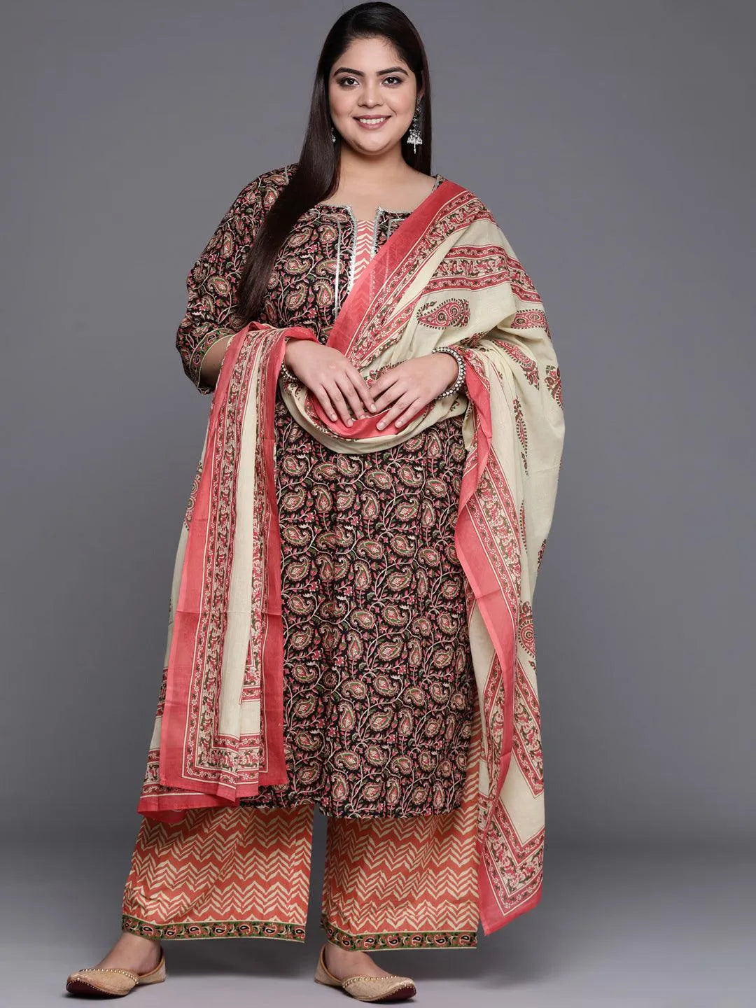 Plus Size Multicoloured Printed Cotton Suit Set - Libas 