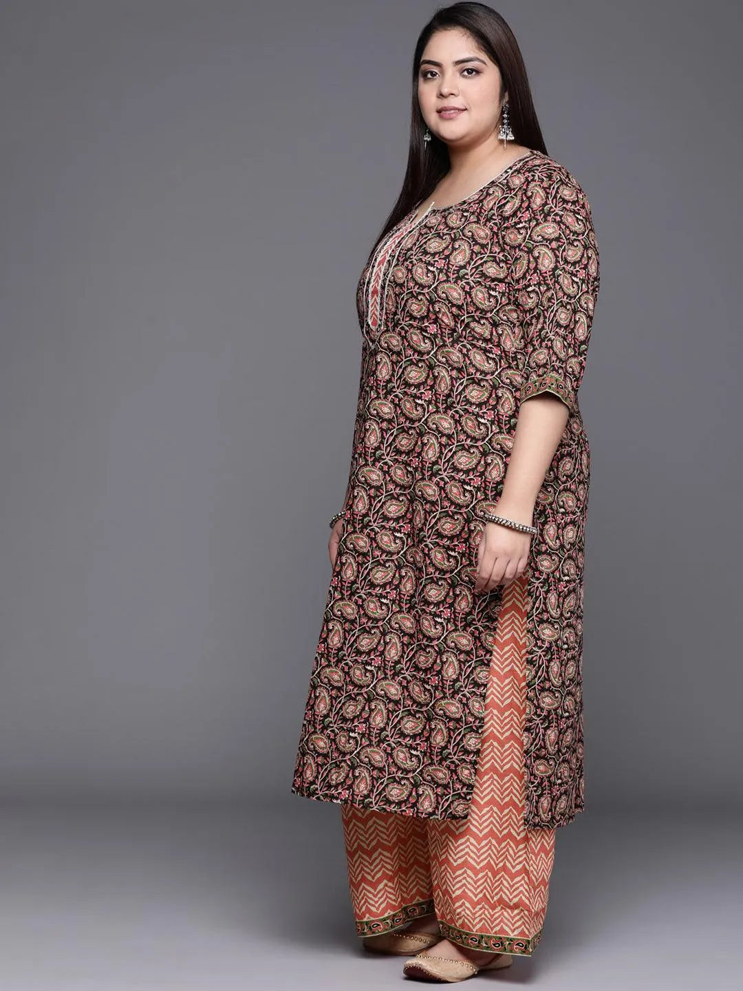 Plus Size Multicoloured Printed Cotton Suit Set - Libas 