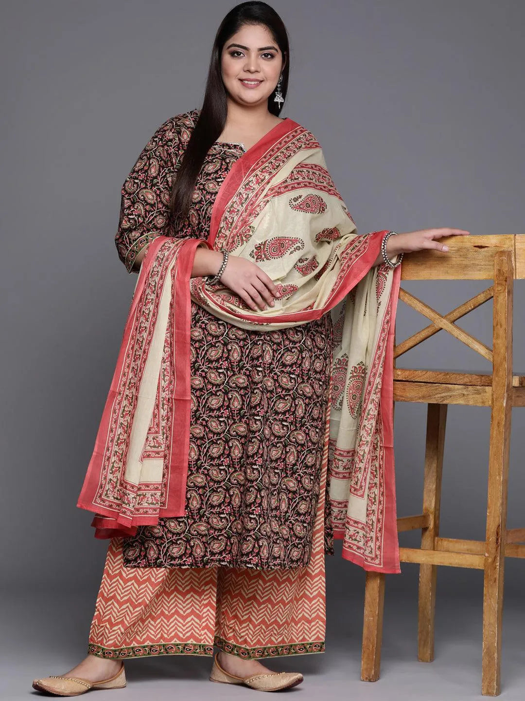 Plus Size Multicoloured Printed Cotton Suit Set - Libas 