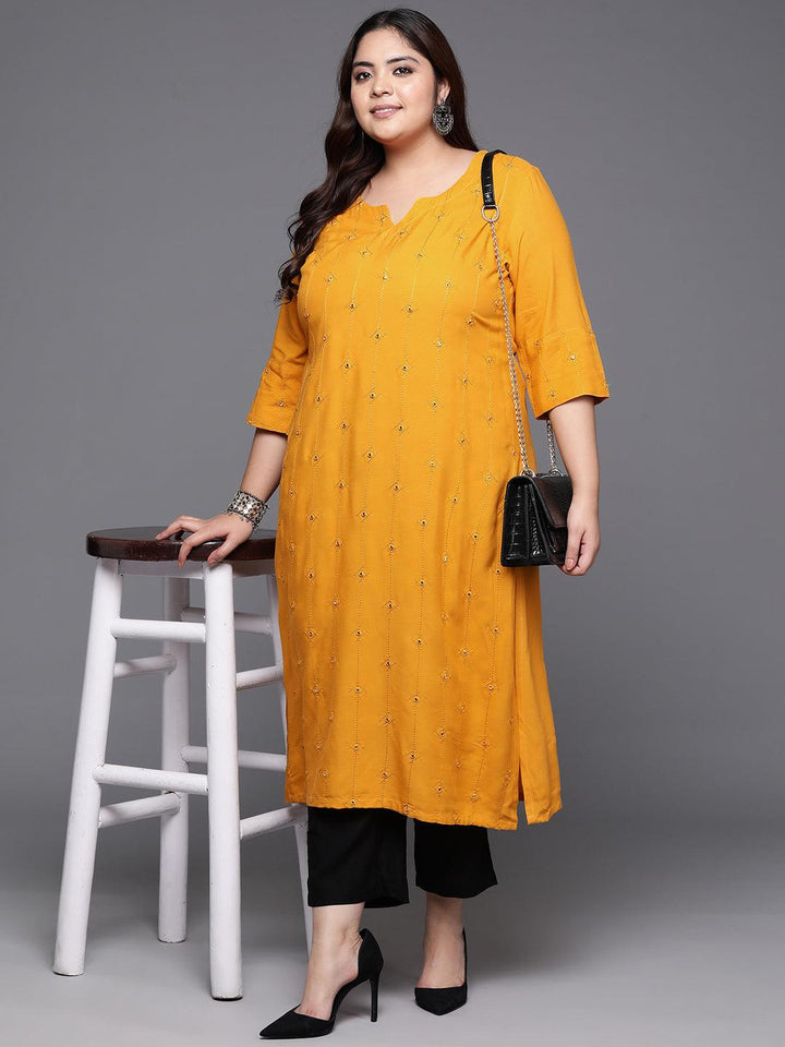 Plus Size Mustard Embroidered Rayon Straight Kurta - Libas