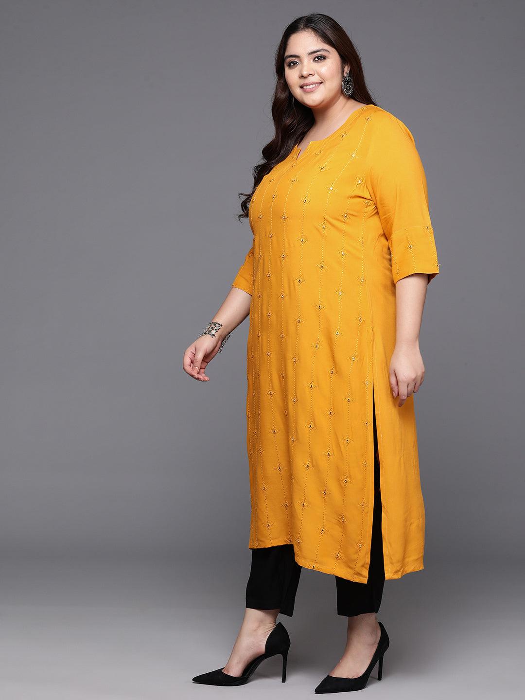 Plus Size Mustard Embroidered Rayon Straight Kurta - Libas