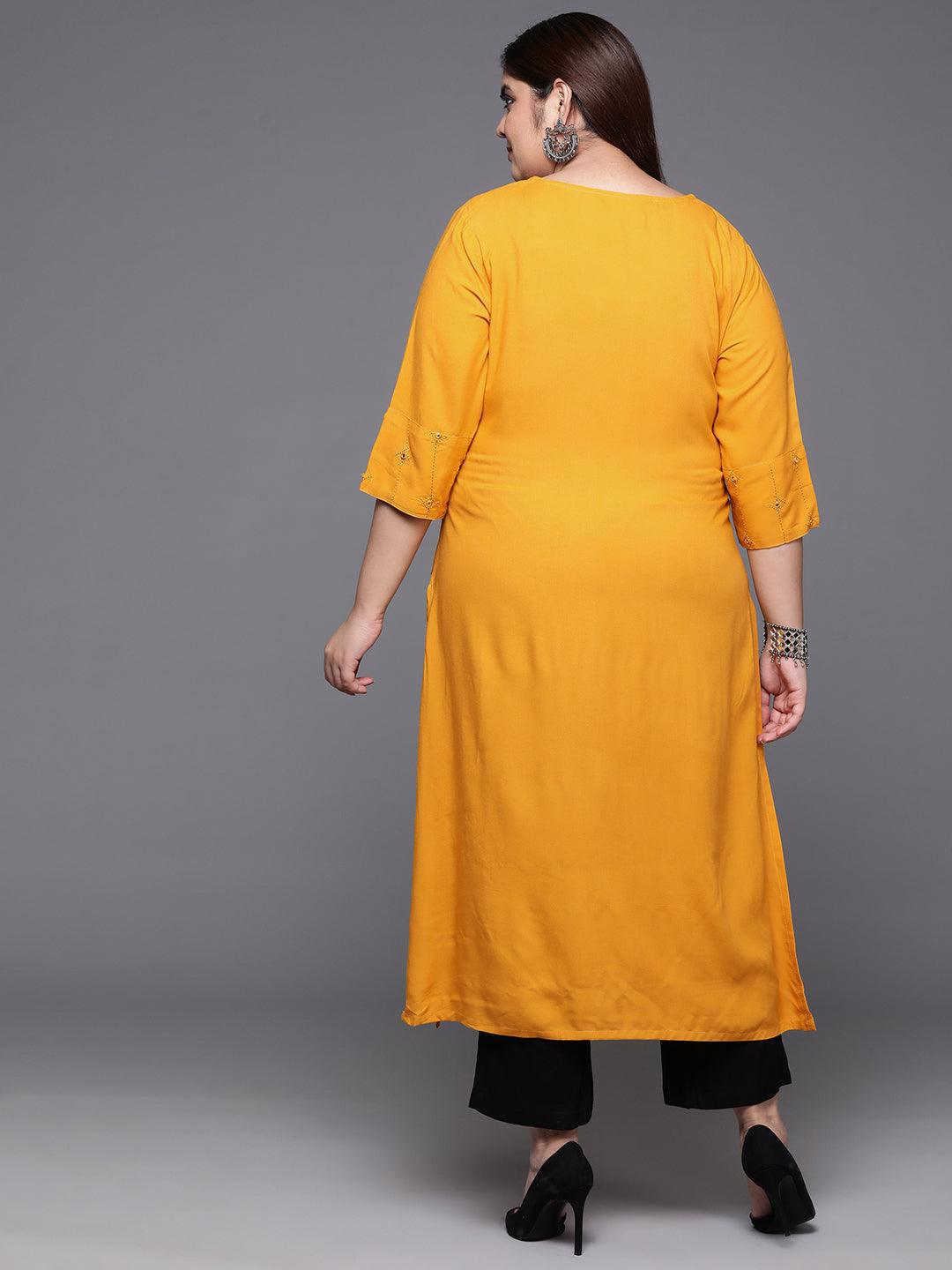 Plus Size Mustard Embroidered Rayon Straight Kurta - Libas