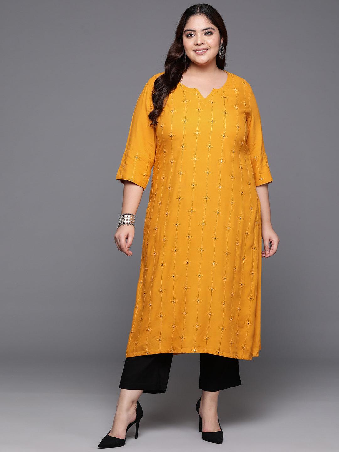 Plus Size Mustard Embroidered Rayon Straight Kurta - Libas