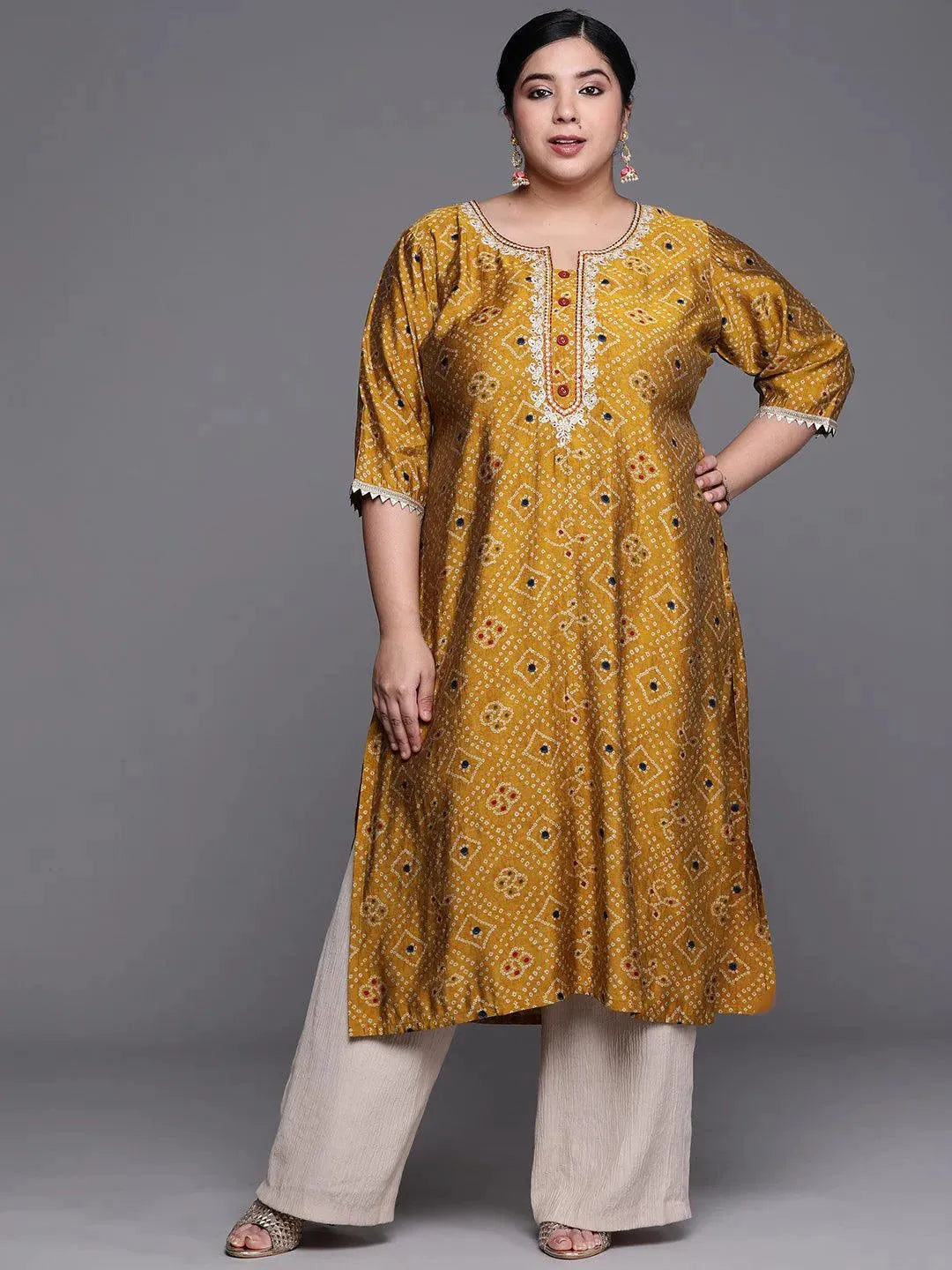 Plus Size Mustard Printed Chanderi Silk Kurta - Libas