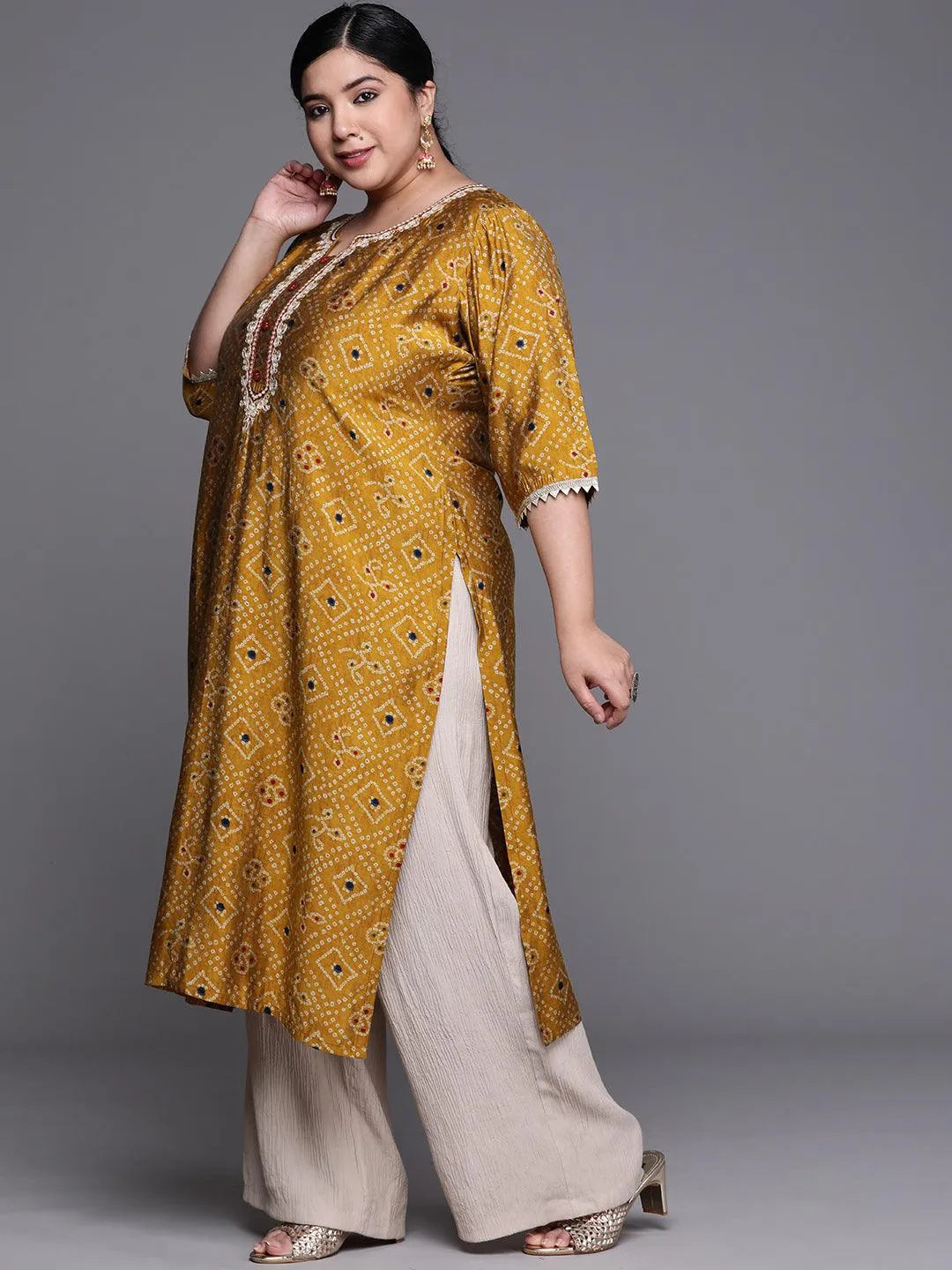 Plus Size Mustard Printed Chanderi Silk Kurta - Libas