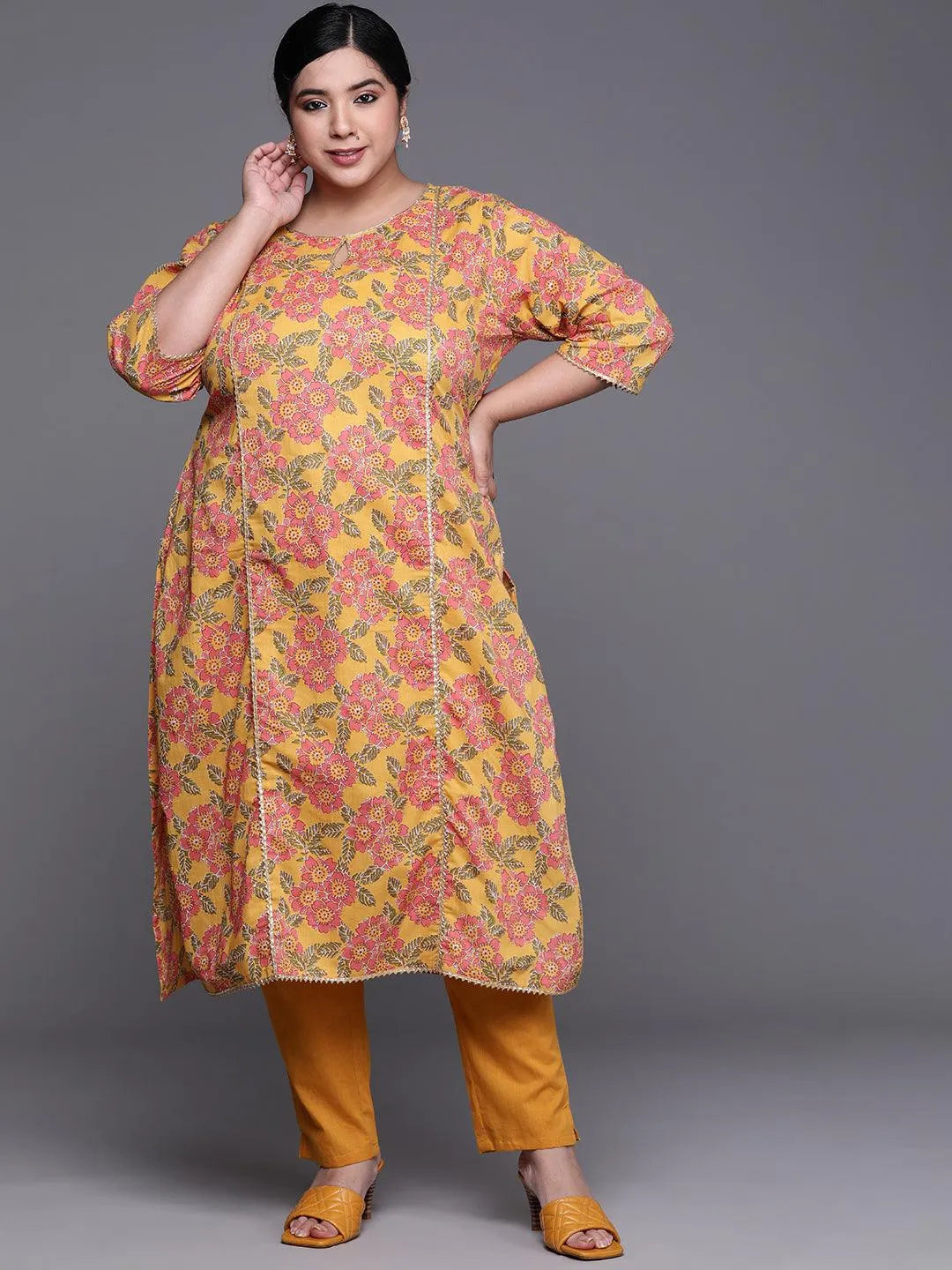 Plus Size Mustard Printed Cotton Kurta - Libas 