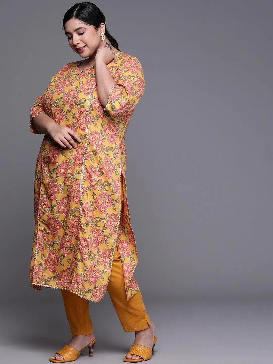 Plus Size Mustard Printed Cotton Kurta - Libas 