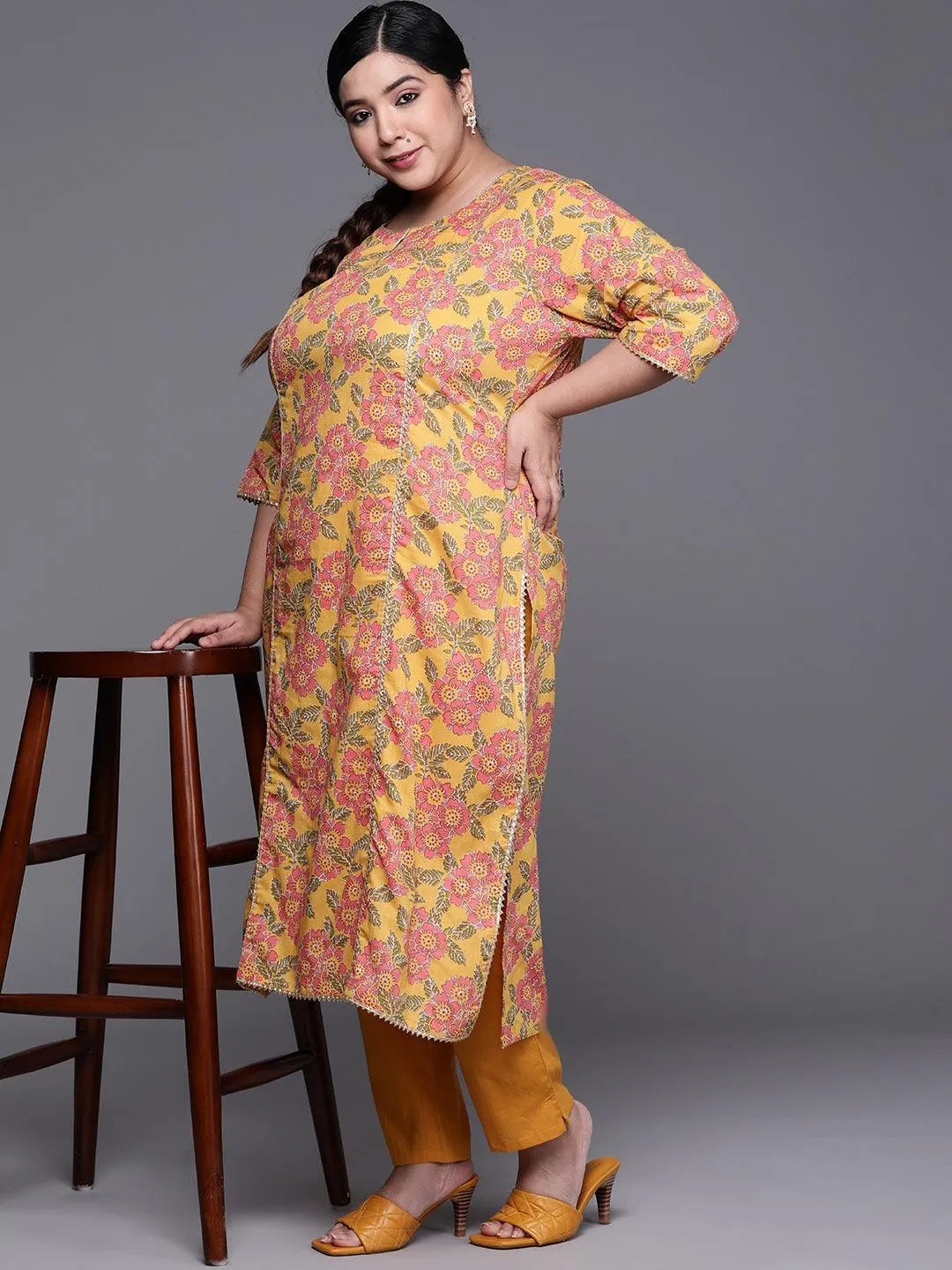 Plus Size Mustard Printed Cotton Kurta - Libas 