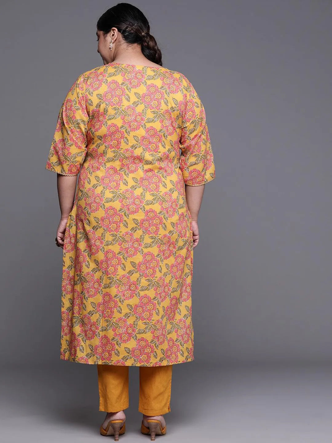 Plus Size Mustard Printed Cotton Kurta - Libas