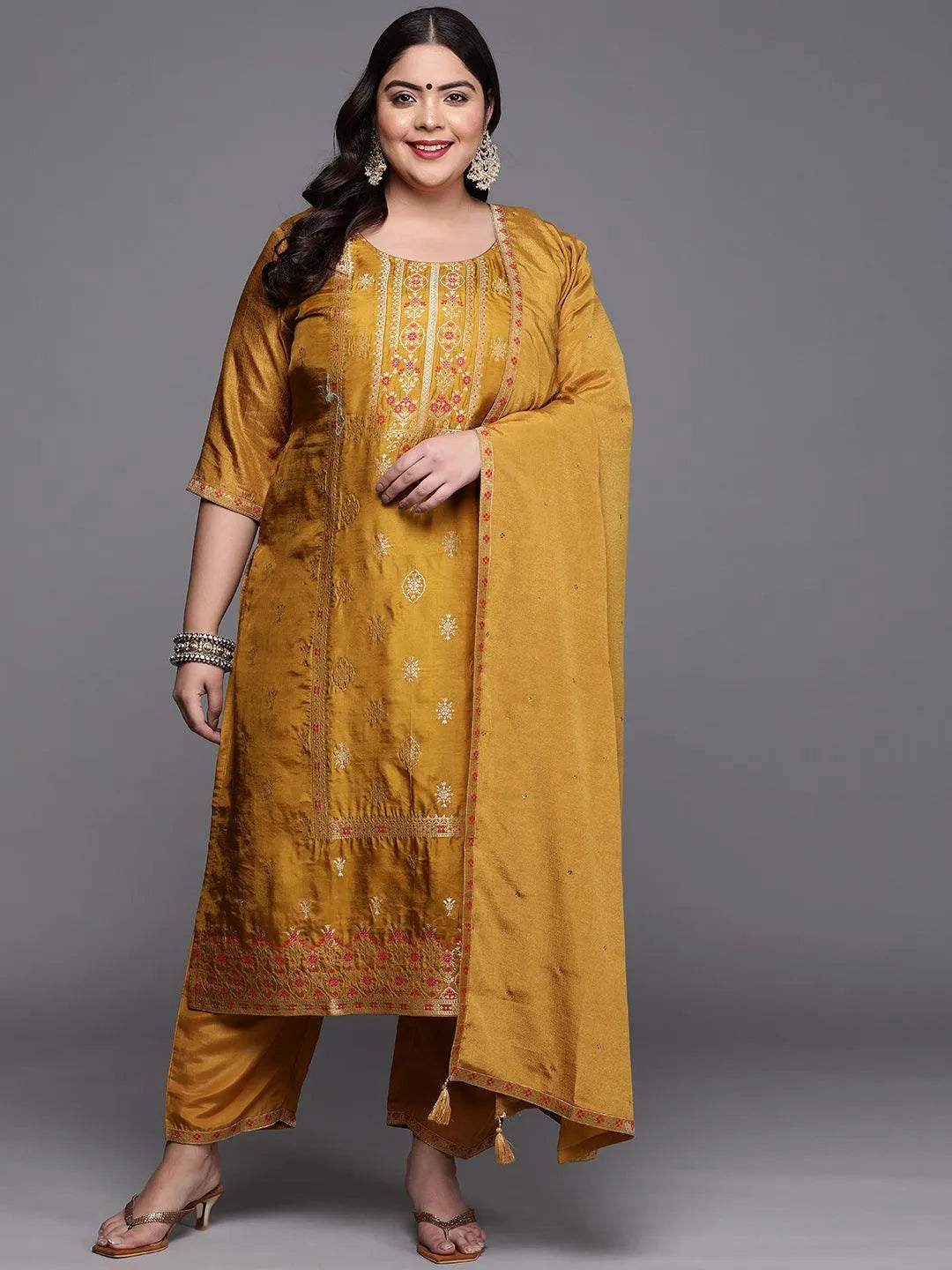 Plus Size Mustard Self Design Silk Blend Suit Set - Libas 