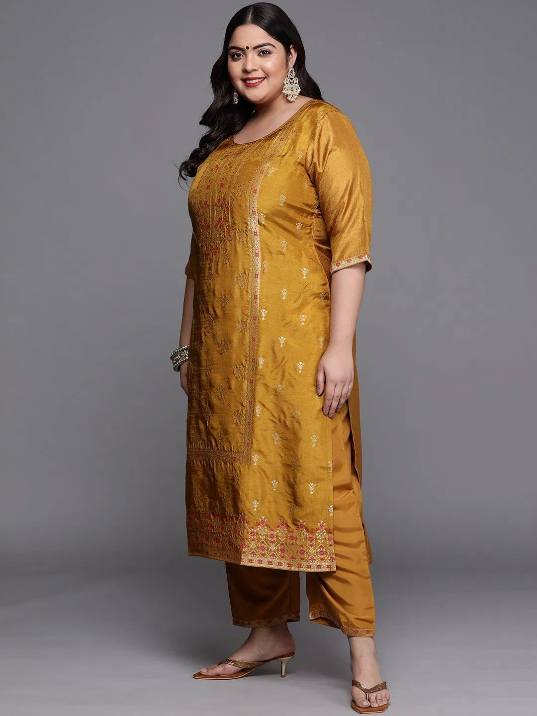 Plus Size Mustard Self Design Silk Blend Suit Set - Libas