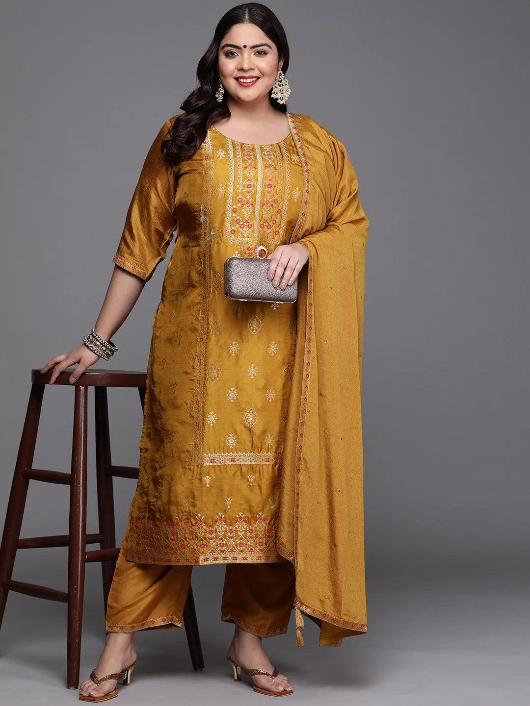 Plus Size Mustard Self Design Silk Blend Suit Set - Libas 