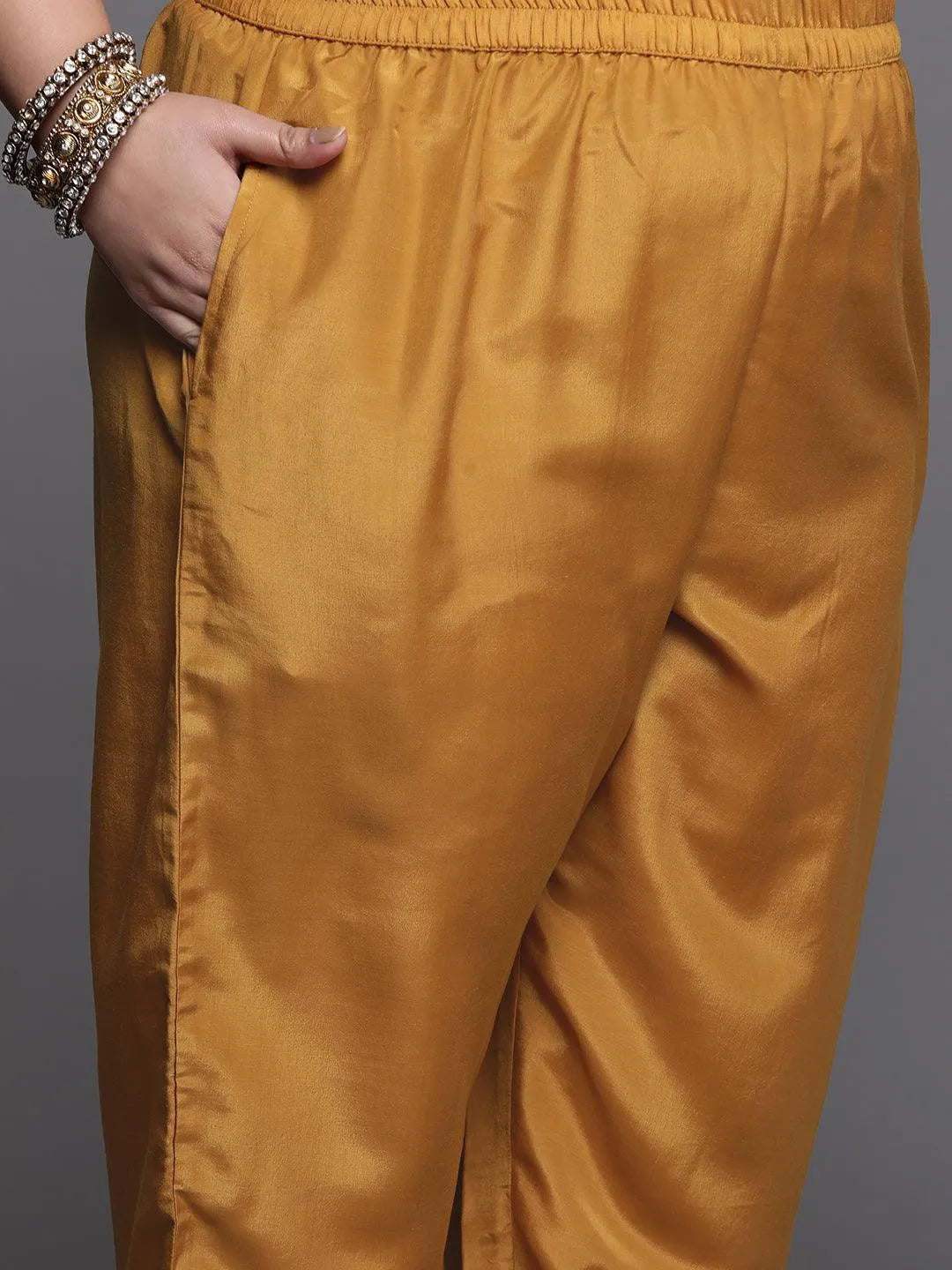 Plus Size Mustard Self Design Silk Blend Suit Set - Libas 