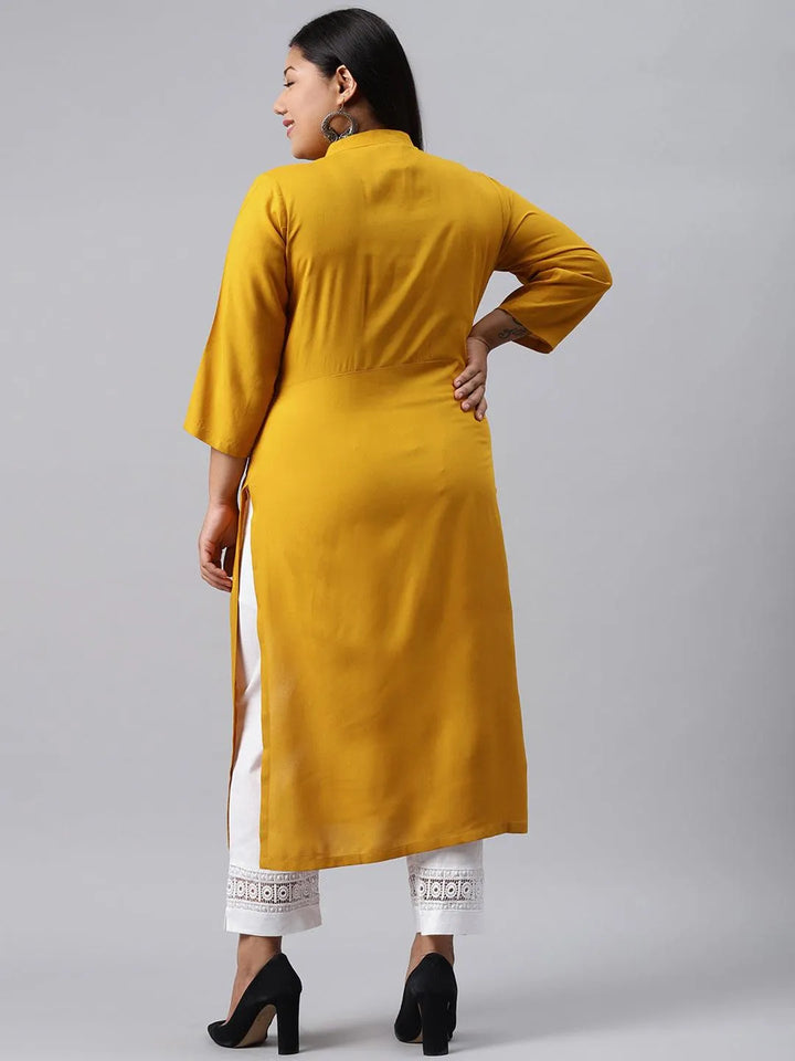 Plus Size Mustard Solid Rayon Kurta - Libas