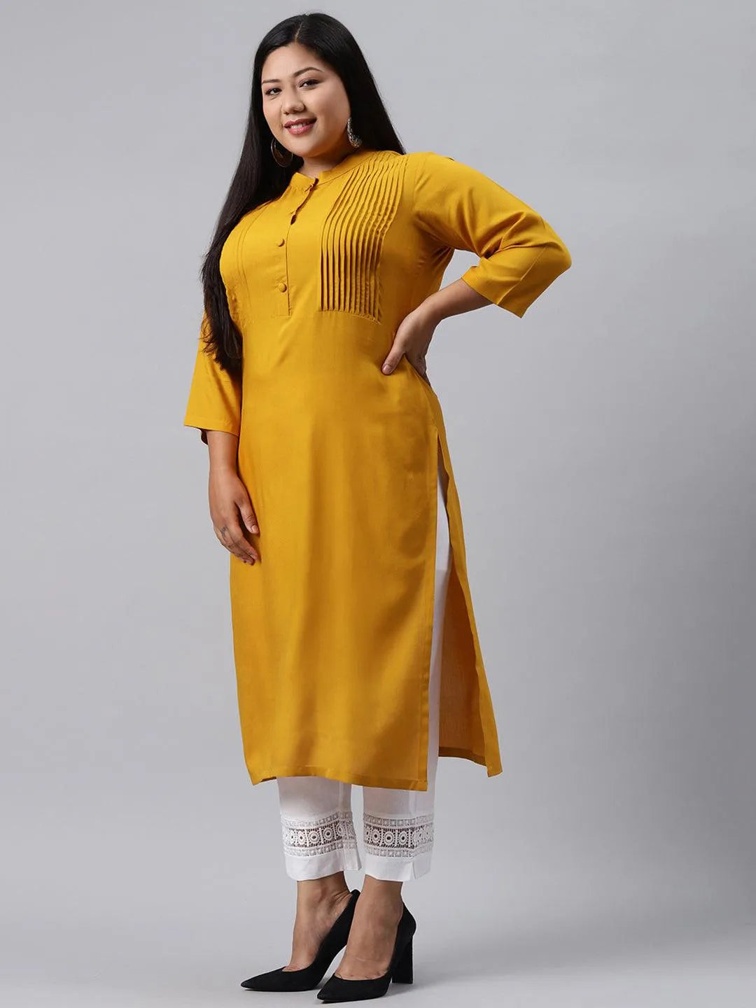 Plus Size Mustard Solid Rayon Kurta - Libas