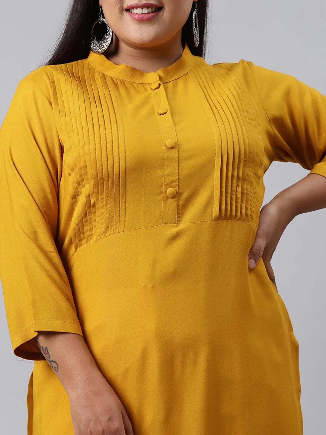 Plus Size Mustard Solid Rayon Kurta - Libas