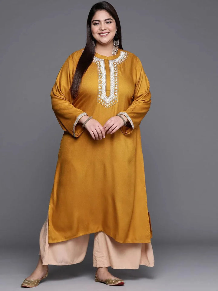 Plus Size Mustard Solid Wool Kurta - Libas