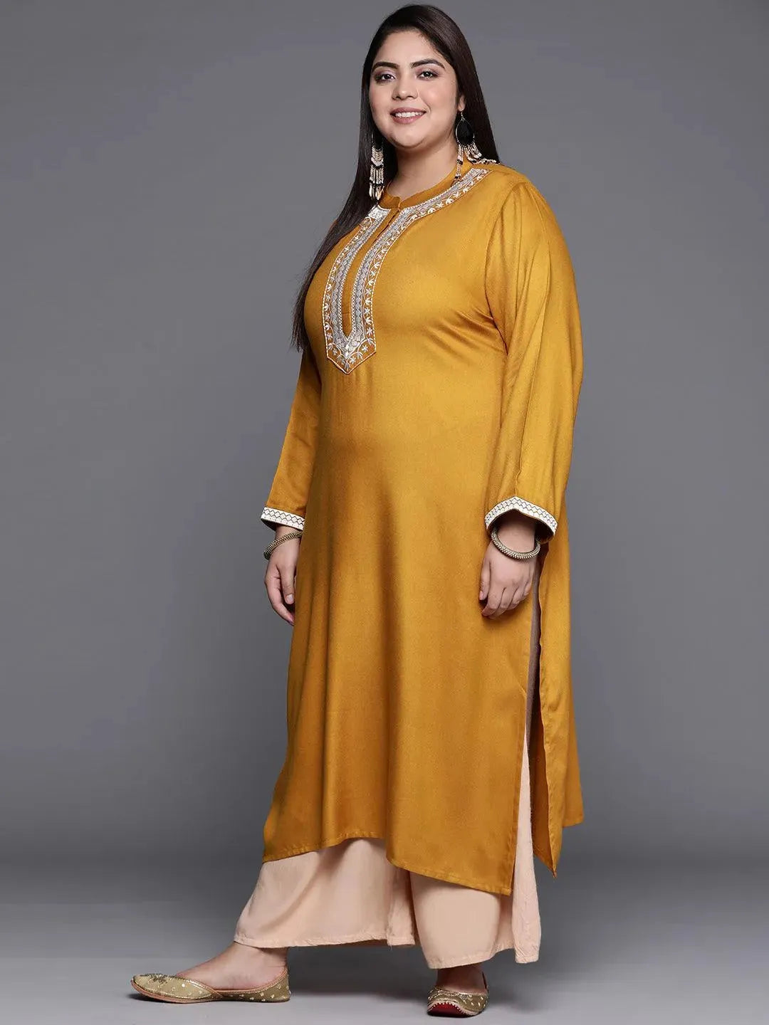 

Buy Plus Size Mustard Solid Wool Kurta - 11124- | Libas Ethnic Wear Online