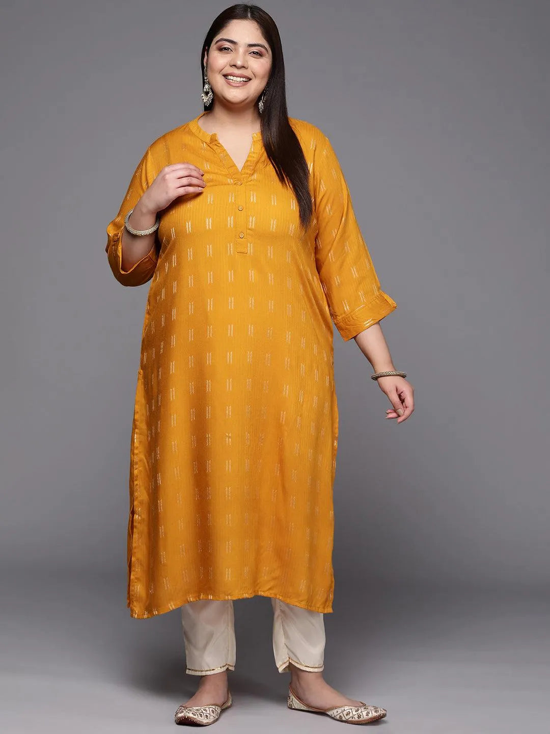 Plus Size Mustard Woven Design Rayon Straight Kurta - Libas 