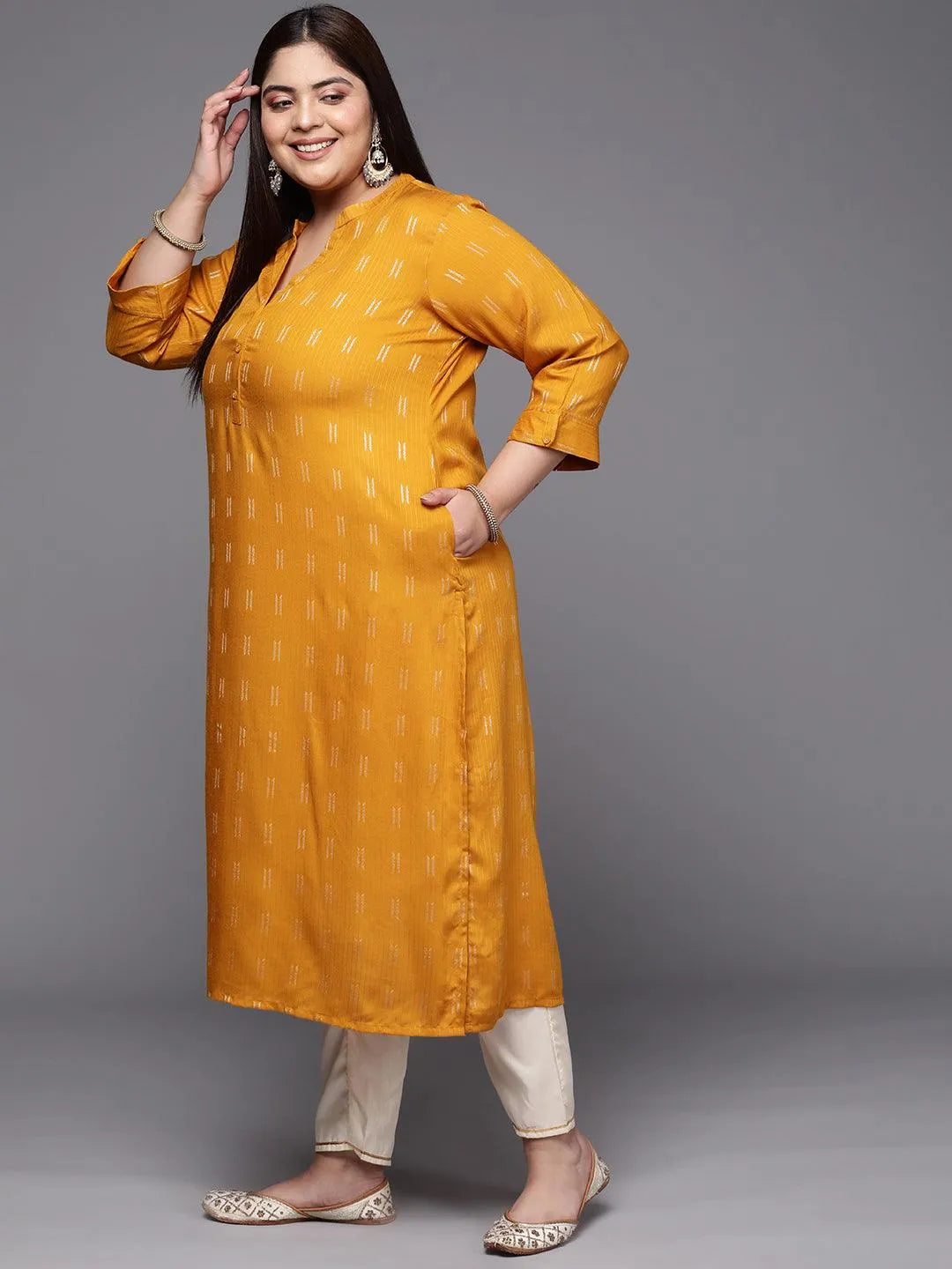 Plus Size Mustard Woven Design Rayon Straight Kurta - Libas