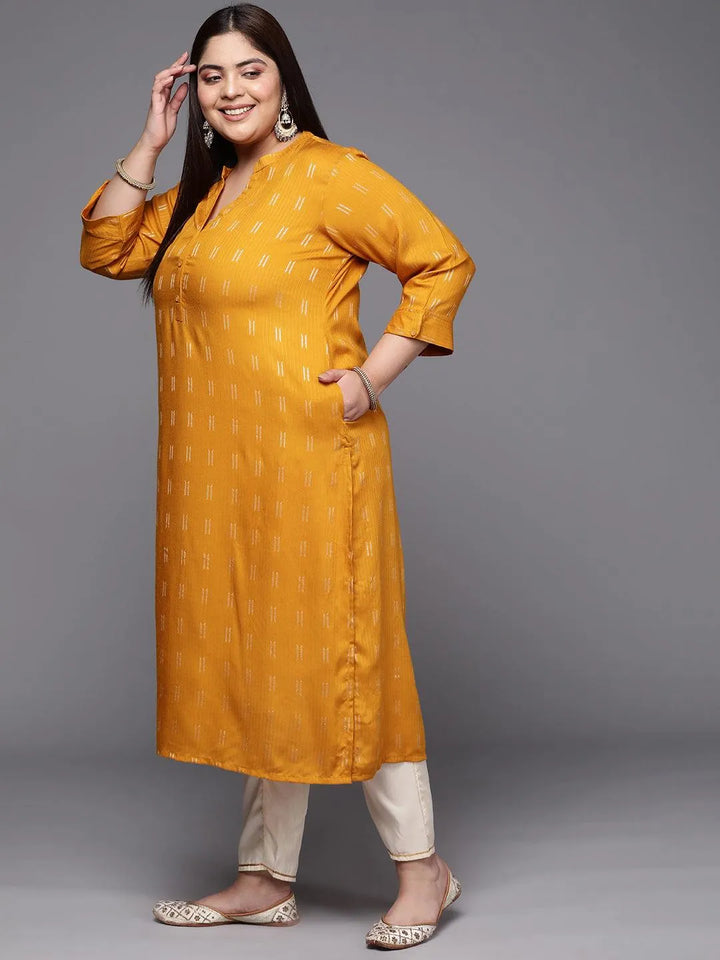 Plus Size Mustard Woven Design Rayon Straight Kurta - Libas