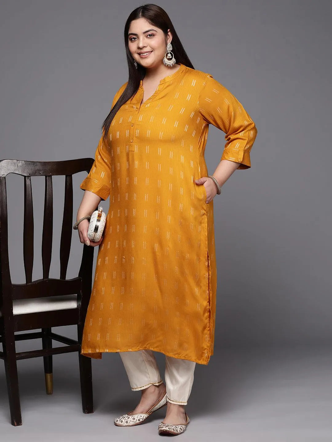 Plus Size Mustard Woven Design Rayon Straight Kurta - Libas