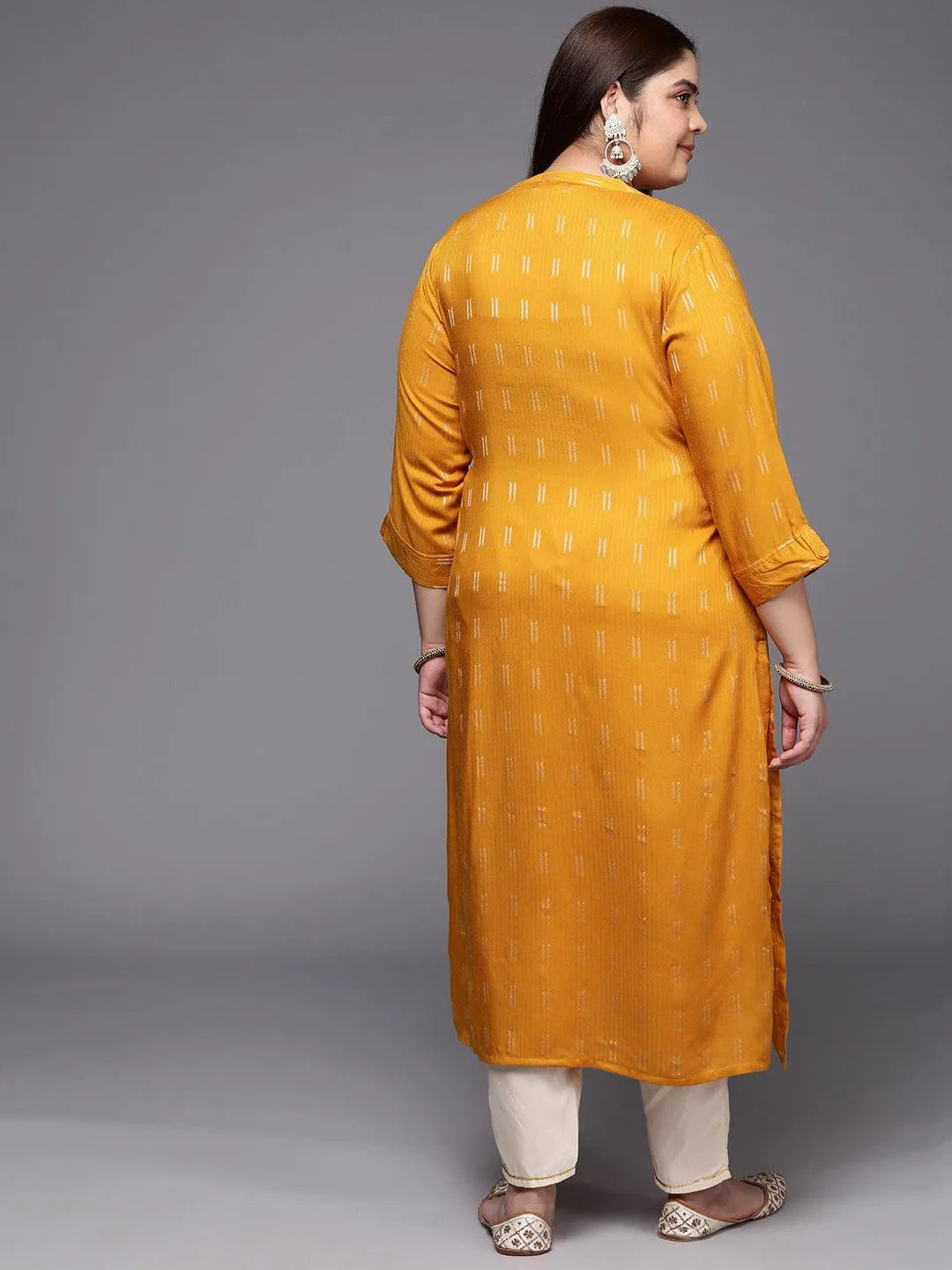 Plus Size Mustard Woven Design Rayon Straight Kurta - Libas 