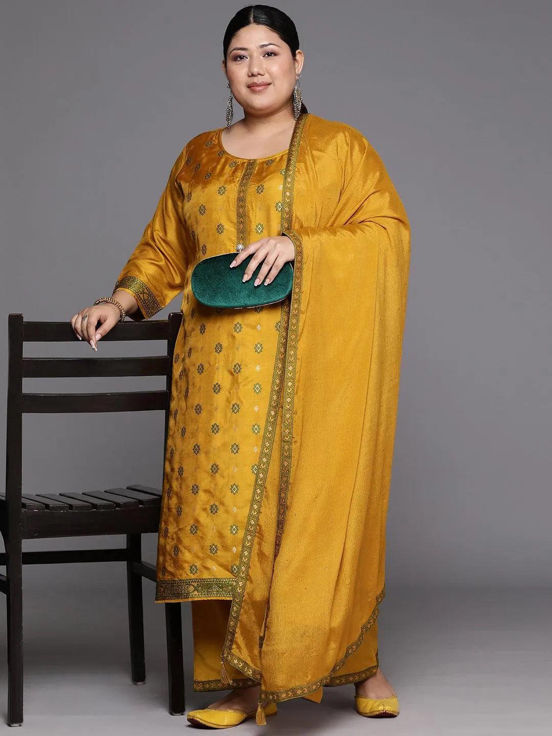 Plus Size Mustard Woven Design Silk Blend Straight Suit Set - Libas